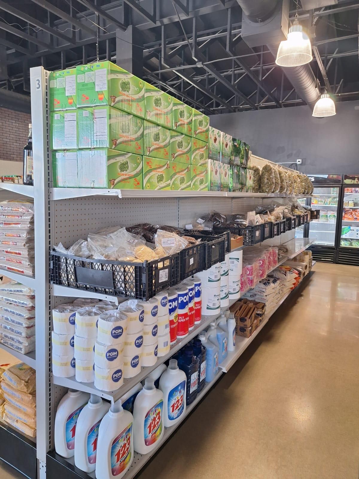 Household — Cleaning supplies, paper goods, and home essentials alongside your ethnic grocery run.